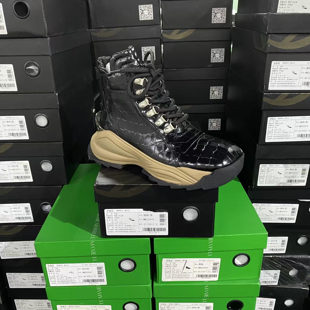 美国设计师买手高奢品牌O牛皮石头纹厚底系带机女短靴4188黑色