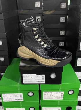 美国设计师买手高奢品牌O牛皮石头纹厚底系带机女短靴4188黑色