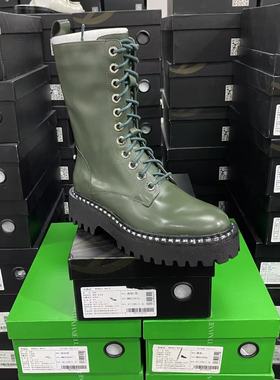 美国设计师买手高奢品牌K牛皮系带侧拉重工帅气酷酷女短靴4062绿