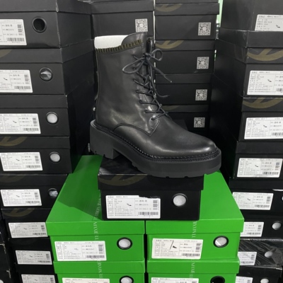 美国设计师买手高奢品牌J牛皮拼接褶皱花边圆头系带短靴4087黑色