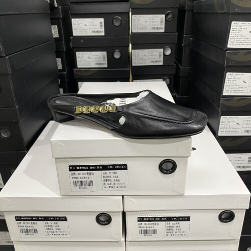 春季新款手工鞋牛皮包头后空链条单鞋A130黑色
