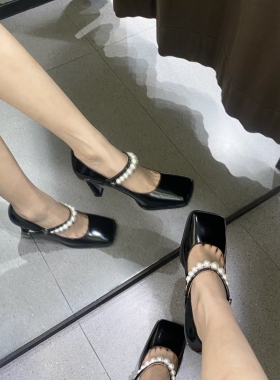 意大利轻奢专柜正品E方头珠链牛皮单鞋2739黑色