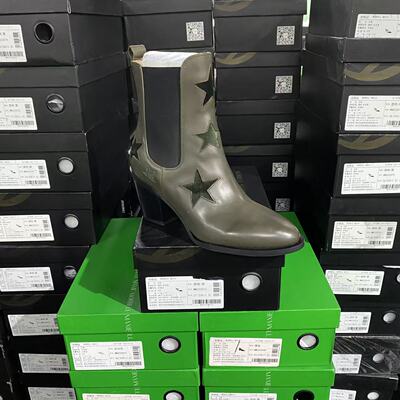 美国设计师买手高奢品牌K牛皮英伦风星星粗高跟时装靴4006绿黑