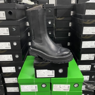 美国设计师买手高奢品牌牛皮织物直筒厚底烟管靴松紧女短靴4185黑