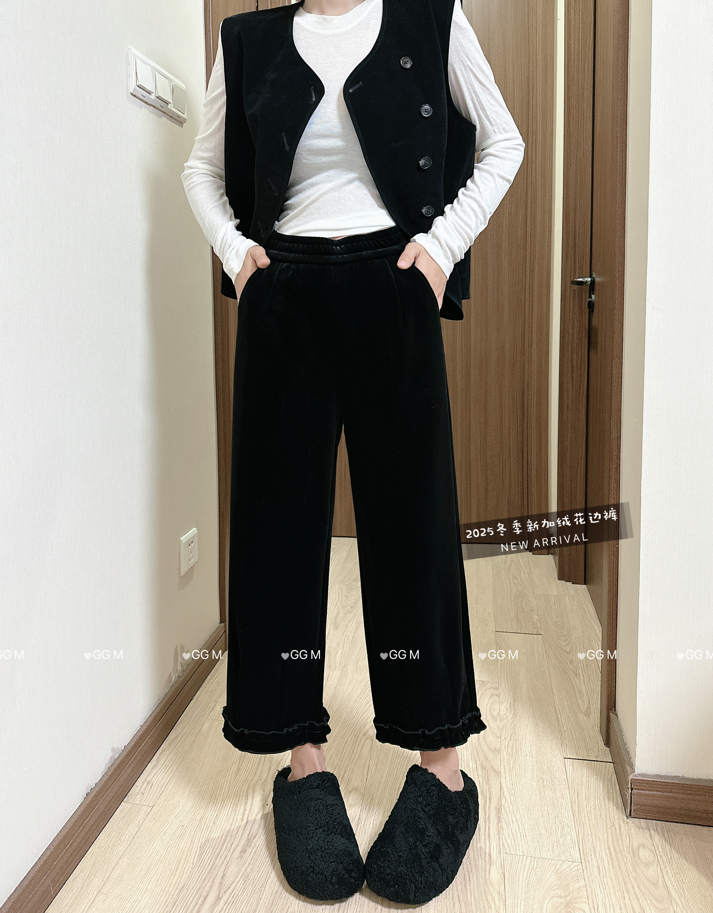 十米田1819秋冬加厚丝绒阔弹力松紧腰下脚木耳边九分休闲裤直筒裤