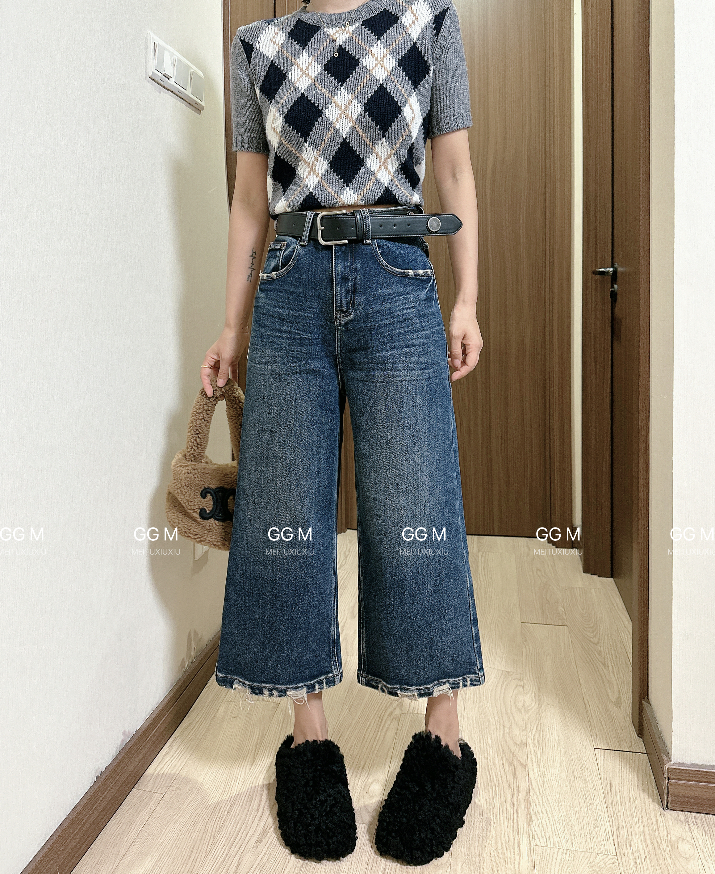迷设6002小个子牛仔裤女秋冬加绒七八分阔腿裤瓶盖裤宽松直筒裤
