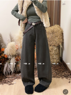 十米田58957豹纹弯刀裤加绒牛仔裤女2026冬季高腰显瘦阔腿拖地裤