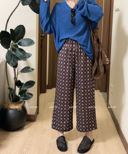 十米田2875印花亚麻休闲阔腿裤女2026夏季新款薄款垂感九分直筒裤