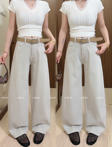 十米田9007高腰显瘦奶杏色牛仔裤女2026春季新款弯刀裤宽松阔腿裤