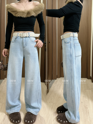 迷设9001冬季新款蓝色加绒弯刀拖地裤阔腿牛仔裤女宽松显瘦直筒裤