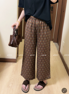 十米田2851夏季气质松紧腰提花亚麻直筒裤女时尚百搭休闲裤九分裤