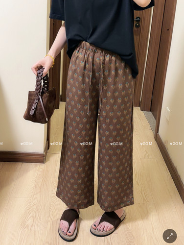 十米田2851夏季气质松紧腰提花亚麻直筒裤女时尚百搭休闲裤九分裤