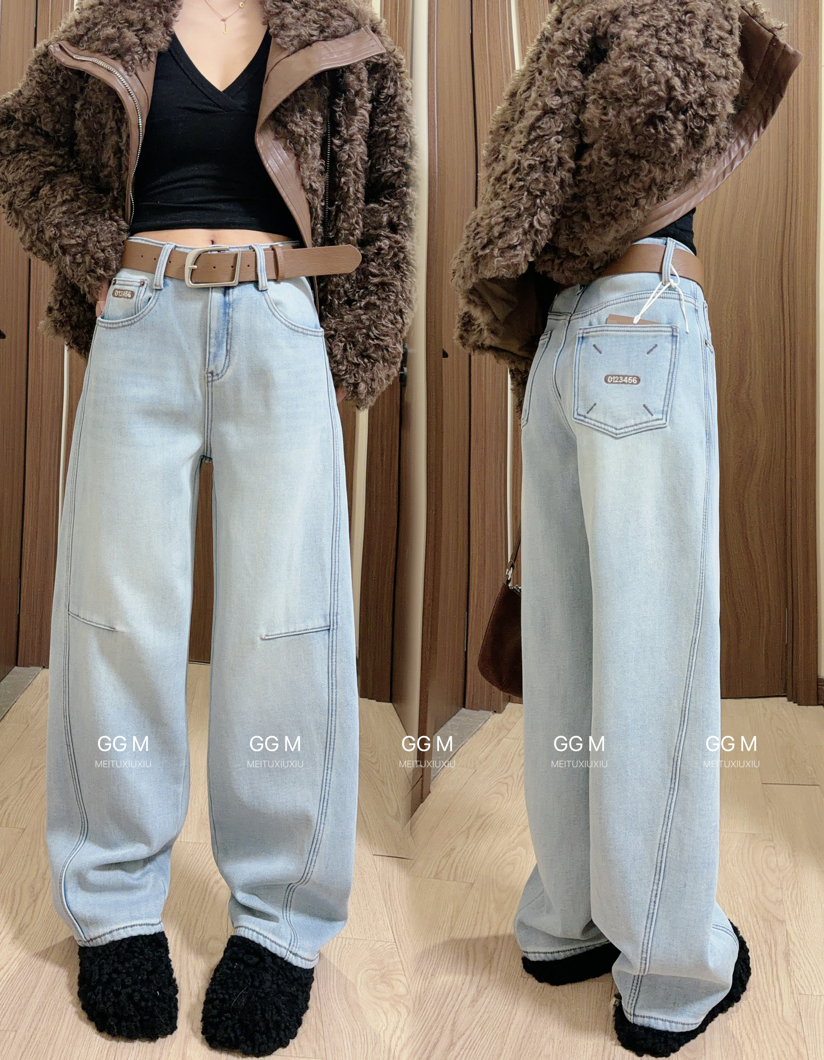 浅蓝色加绒弯刀牛仔裤女2025冬季新款宽松显瘦阔腿香蕉裤迷设8806