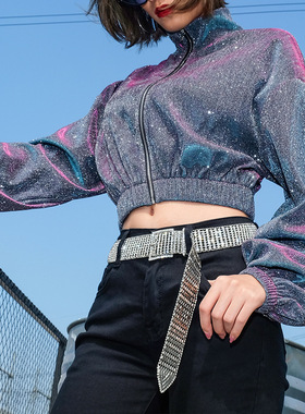 2018年新款ds演出服爵士舞服装短款收腰宽松大袖渐变亮粉打底外套