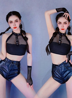 新款dj女歌手领舞服B组gogo演出服酒吧ds性感黑网格背心热裤套装