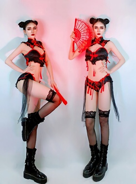 女团演出服酒吧ds舞台GOGO复古分体旗袍性感刺绣中国风流苏女套装