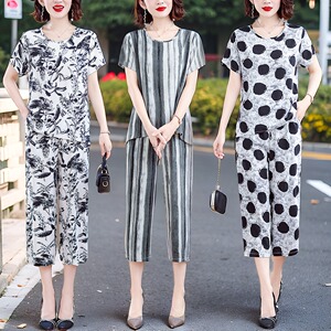 夏季大码棉绸两件套新款妈妈时尚短袖七分裤人造棉高端家居服套装