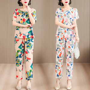 棉绸套装女夏睡衣家居服短袖花色大码妈妈时尚外穿休闲绵绸两件套