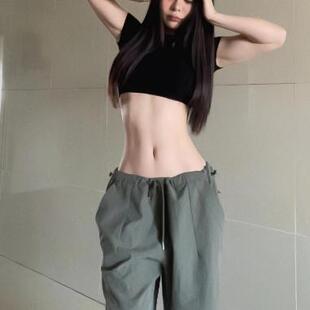 美式复古抽绳工装长裤女秋季新款炸街高腰休闲裤宽松百搭阔腿裤子