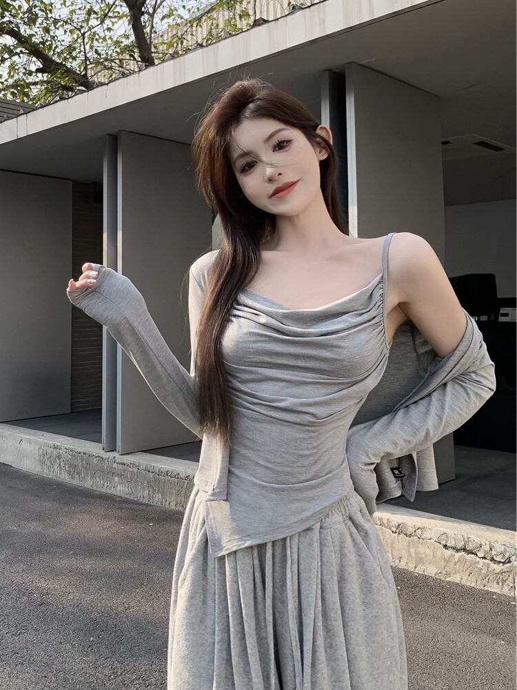 순수한 섹시한 섹시한 여자 스타일 흰색 캐미솔 바닥 탱크 탑 + 얇은 자외선 차단 외부 작은 카디건 여성 여름을위한 투피스 세트