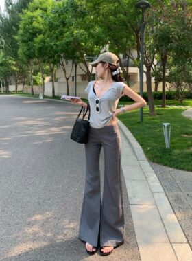 辣妹低腰休闲裤女装春季灰色加厚西装长裤垂感微喇叭裤子拖地裤子