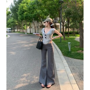 辣妹低腰休闲裤女装春季灰色加厚西装长裤垂感微喇叭裤子拖地裤子