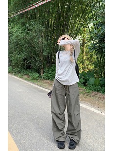 盐系甜酷抽绳休闲裤女春季高腰长裤宽松垂感直筒阔腿裤时尚拖地裤