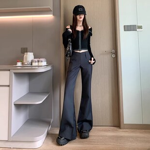 时尚潮流黑色西装长裤辣妹低腰休闲裤女装春季显瘦微喇叭拖地裤子