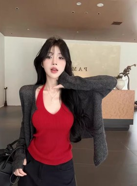 辣妹挂脖红色v领针织吊带背心女装春性感内搭修身外穿打底衫上衣