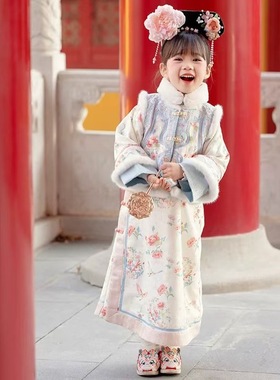 格格服女童古装古风冬装儿童汉服冬季加厚拜年服旗袍套装中国风