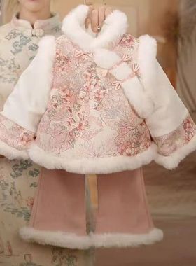 新中式女童冬装2025新款唐装冬季加厚休闲中国风喇叭裤两件套紫色