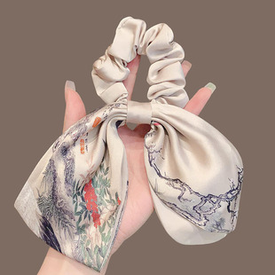 新中式水墨画彩绘蝴蝶结飘带大肠发圈高级感缎面扎头发头饰发绳