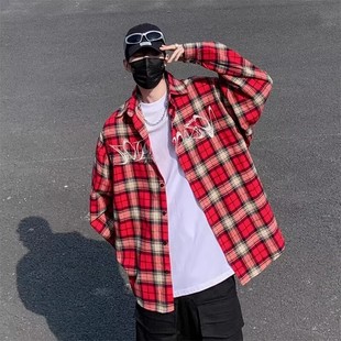 宽松衬衣 高街情侣hiphop外套长袖 美式 复古红色格子ins刺绣衬衫