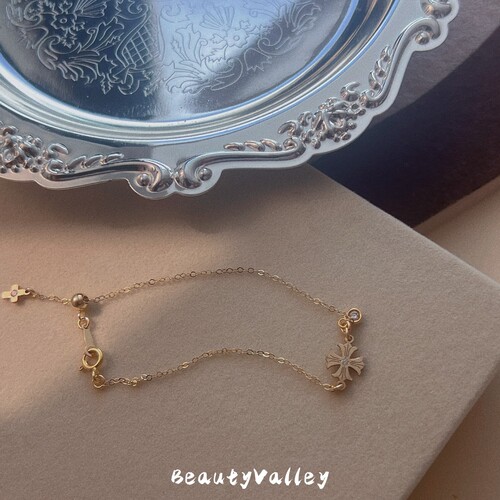 B.V原创“流光十字”美国进口14K包金克罗心锆石复古精致手链女