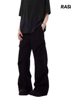 RASP美式复古cleanfit高级感休闲裤褶皱设计宽松微喇黑色长裤