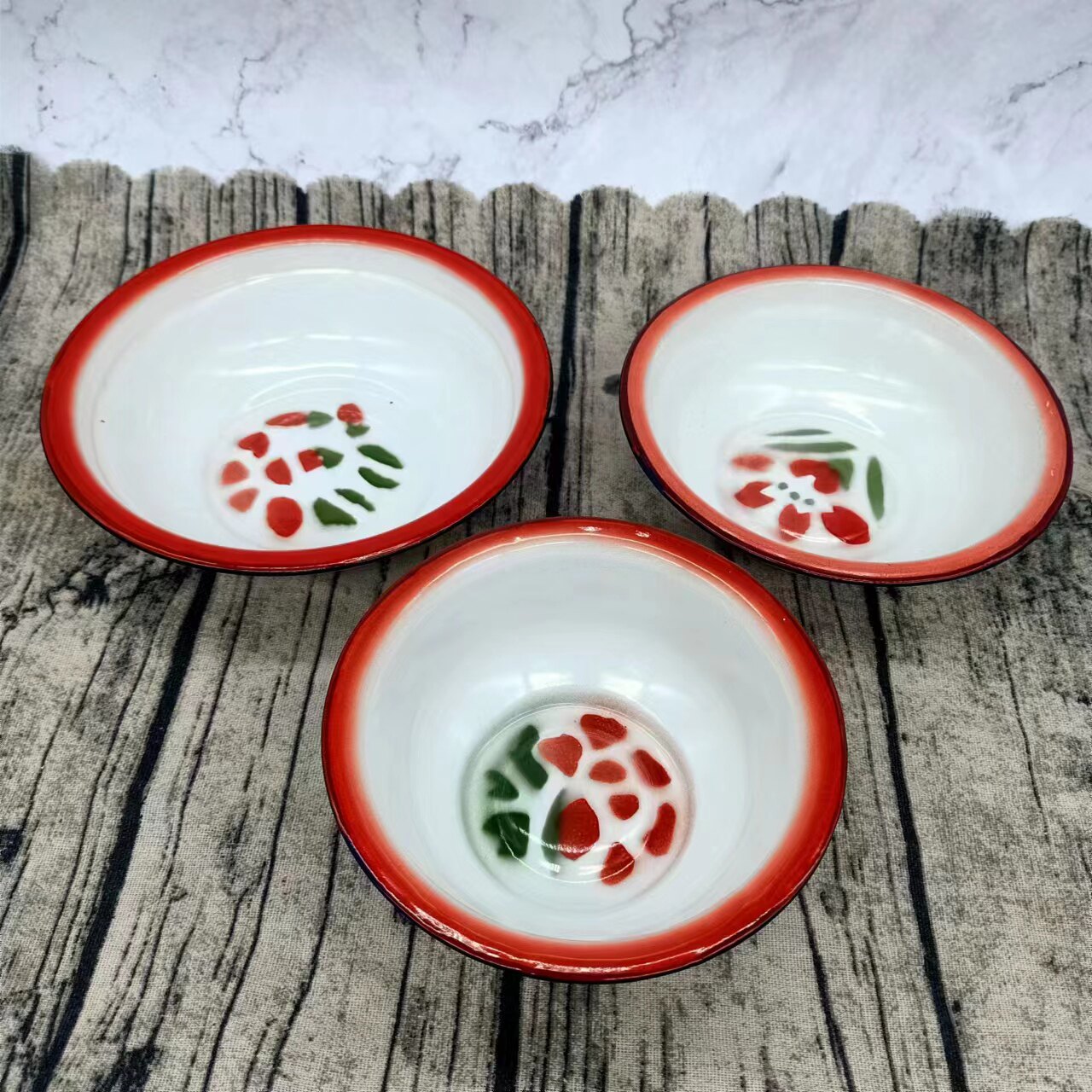 包邮老式红花卷边盆复古搪瓷汤盆洋瓷饭碗主题餐厅饭店怀旧菜碗盆