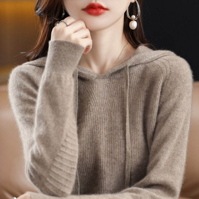 大朗高端羊衫不起球套头外穿毛衣厚连帽宽松型毛衣女式针织衫