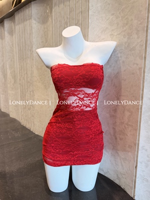LonelyDance御姐感*红色蕾丝抹胸性感一字肩女御姐范高级感包臀裙