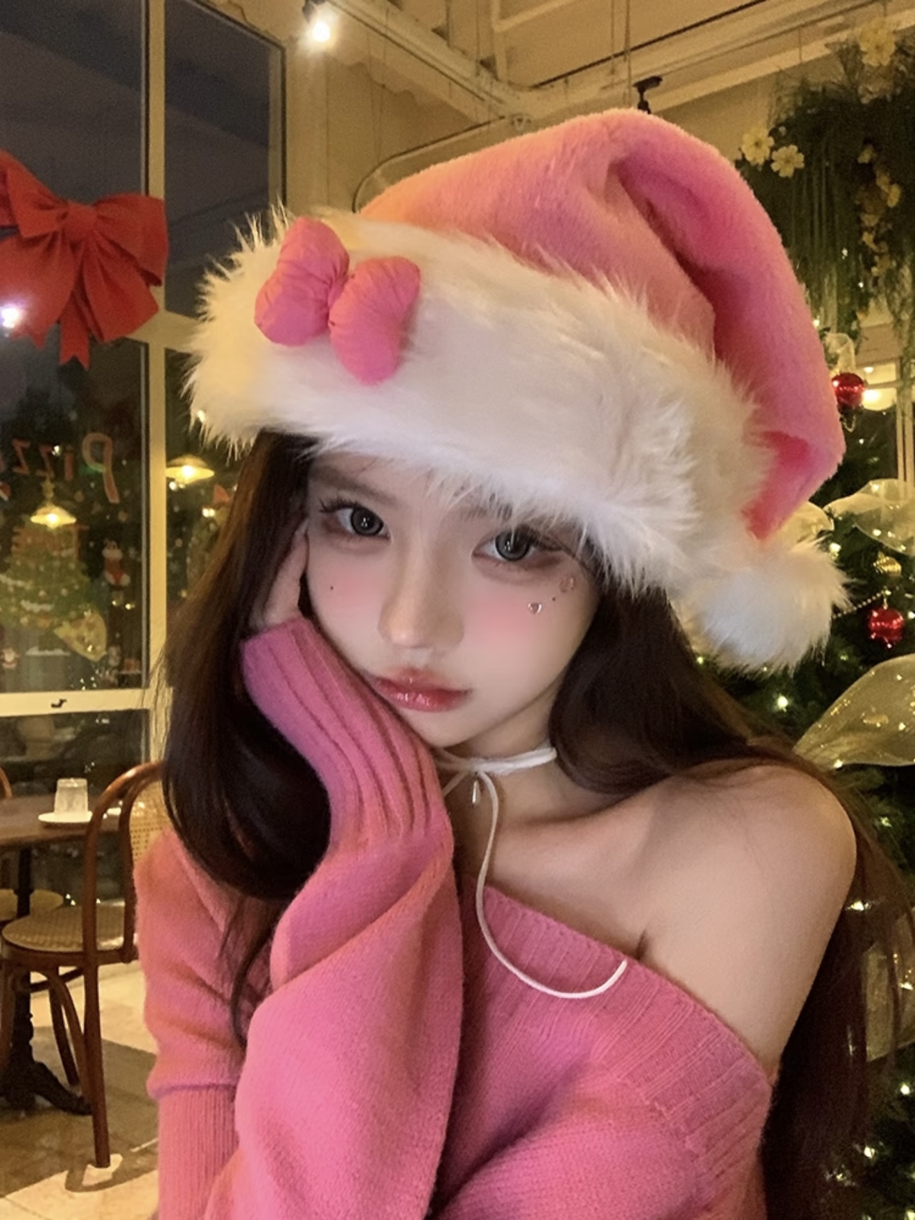 Lonelydance 原创！粉红色蝴蝶结毛绒圣诞帽发饰女甜美可爱帽子