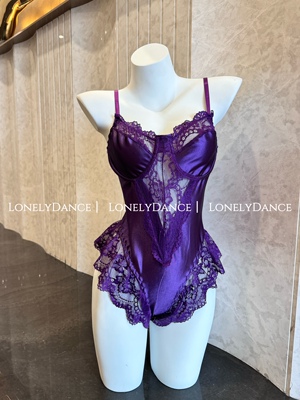 Lonelydance紫色韵味*性感蕾丝花边缎面连体衣女纯欲风睡衣套装
