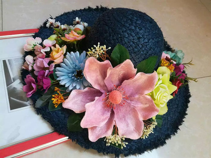 复古大花朵拉菲草帽沙滩帽女夏天遮阳大沿女士旅游草帽女度假