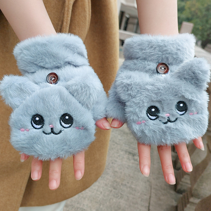 韩版秋冬季毛绒可爱卡通学生写字双层加厚保暖半截露指翻盖手套女