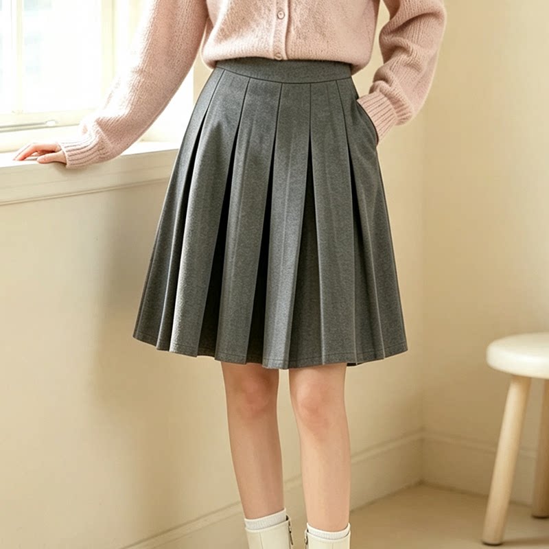 口袋高腰百褶半身裙50cm