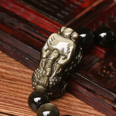 手串双眼天然黑曜石金耀石男女款貔貅金曜石手链原创饰品招财大头