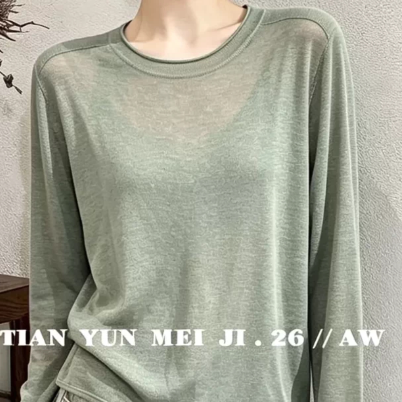 欧洲站2026秋季新款｜微透圆领水溶羊毛衫长袖极简风百搭女装上衣