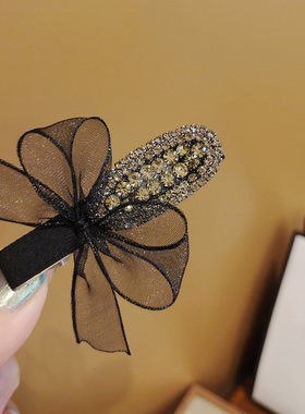 早春新款黑色雪纱蝴蝶结镶钻边夹小号刘海发夹好用鸭嘴夹捏夹发卡
