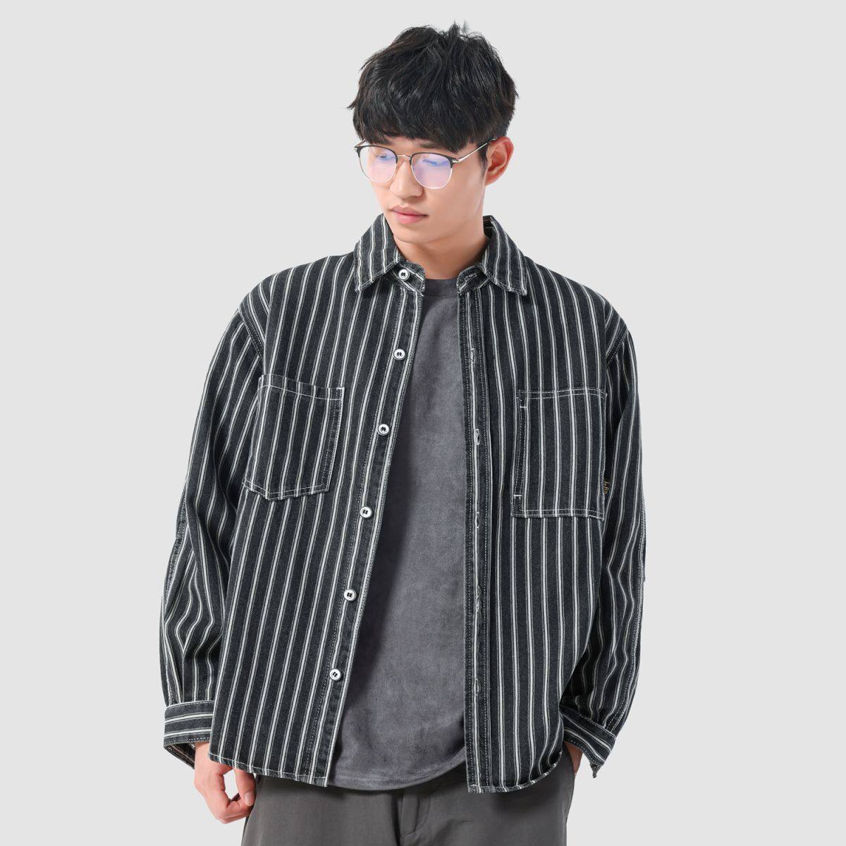 1506A/GCY3420/P66美式复古工装条纹翻领衬衫宽松休闲衬衣外套1图片