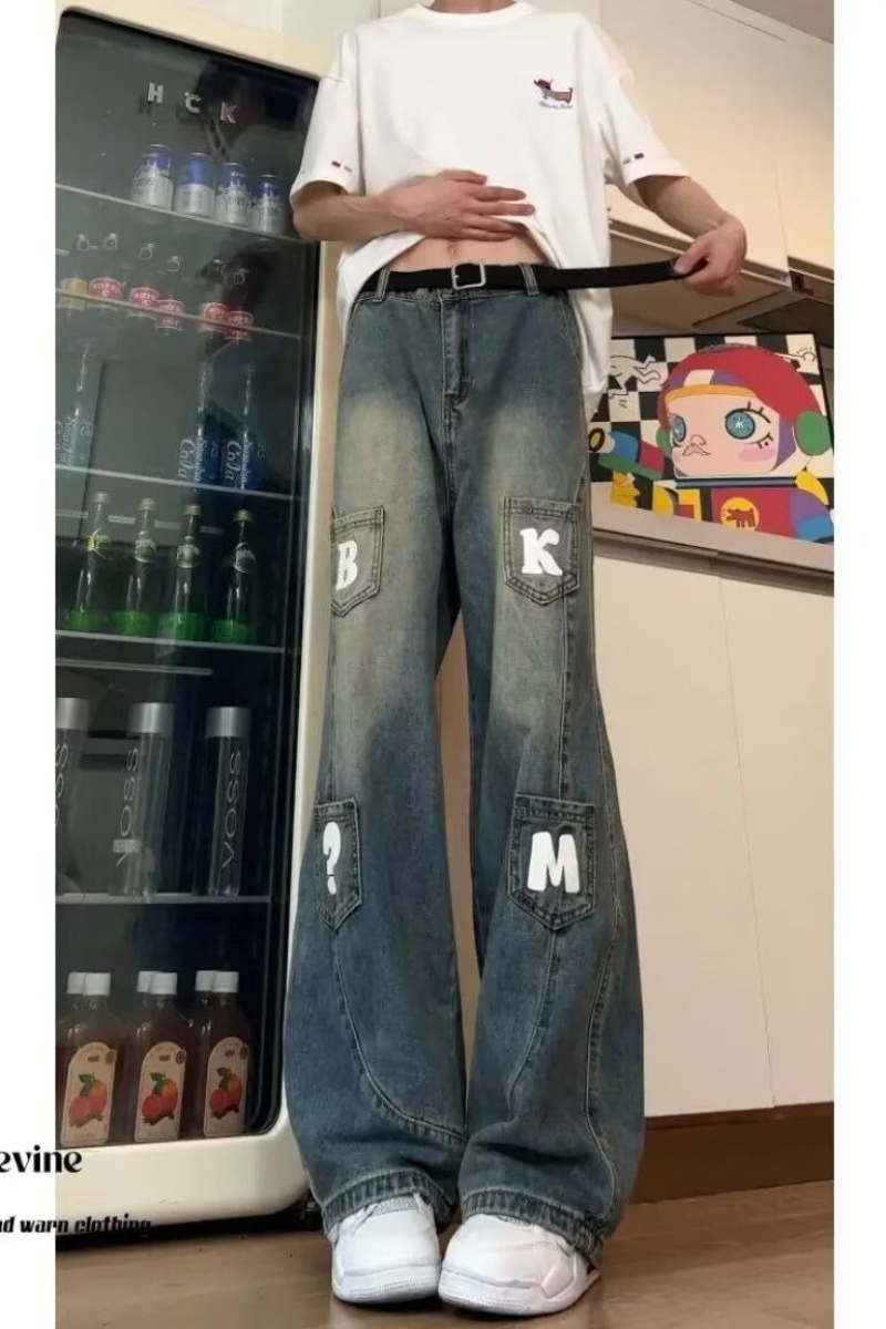 1506A/G11810/P47印花口袋弯刀装牛仔裤女挂件宽松阔腿长裤1，女装牛仔裤，星座1506A