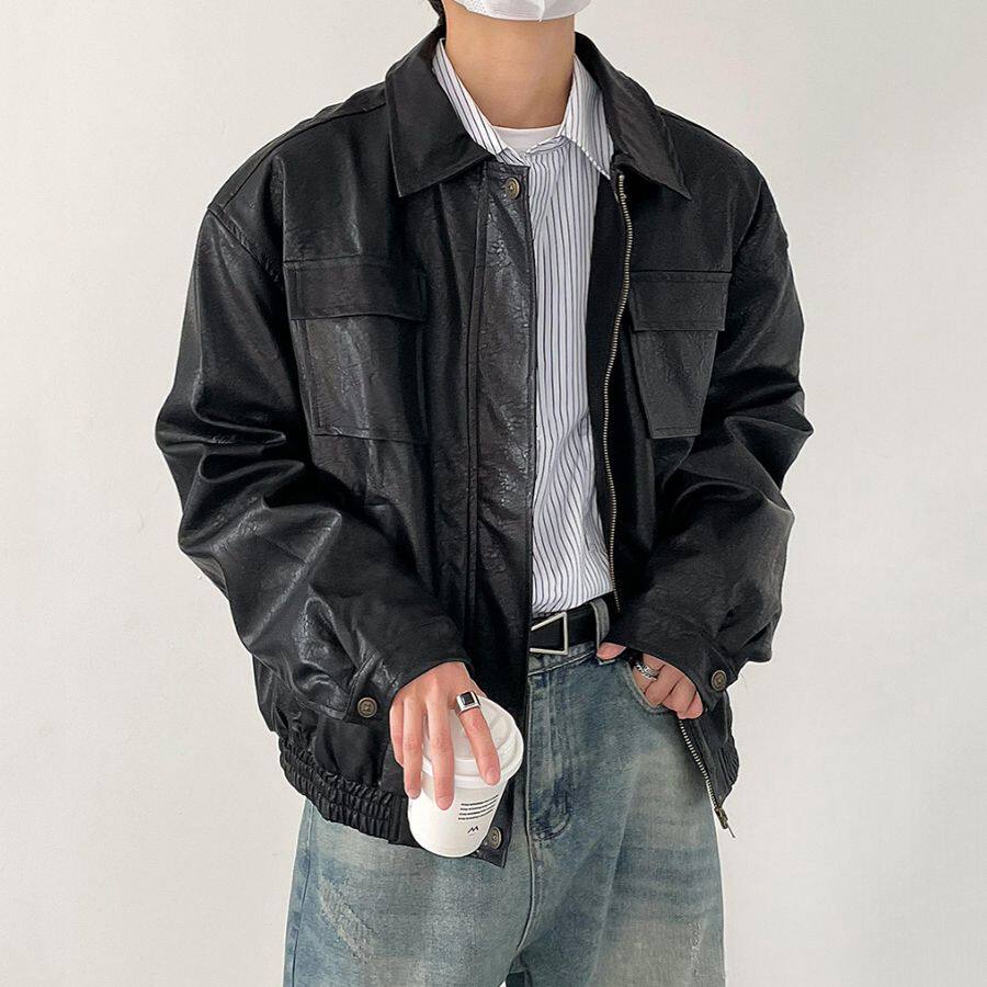 1506A/GW6370/P70痞帅Pu皮衣潮牌垫肩皮夹克男机车服秋冬高街外套图片