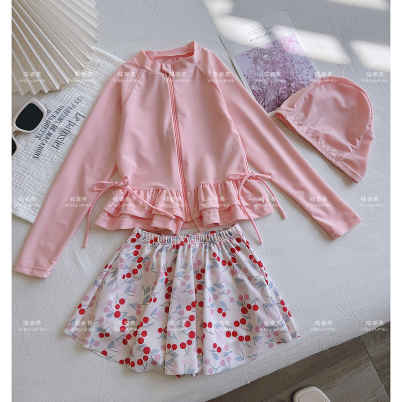 女童泳衣女孩速干分体泳衣套装宝宝泳衣长袖泳装网红泳衣裙甜美潮